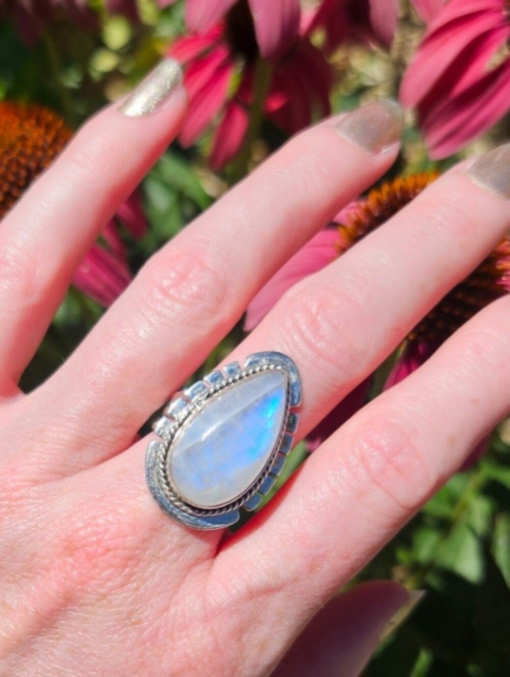 Moonstone Teardrop Sterling Silver Statement Bohemian Ring Size 8